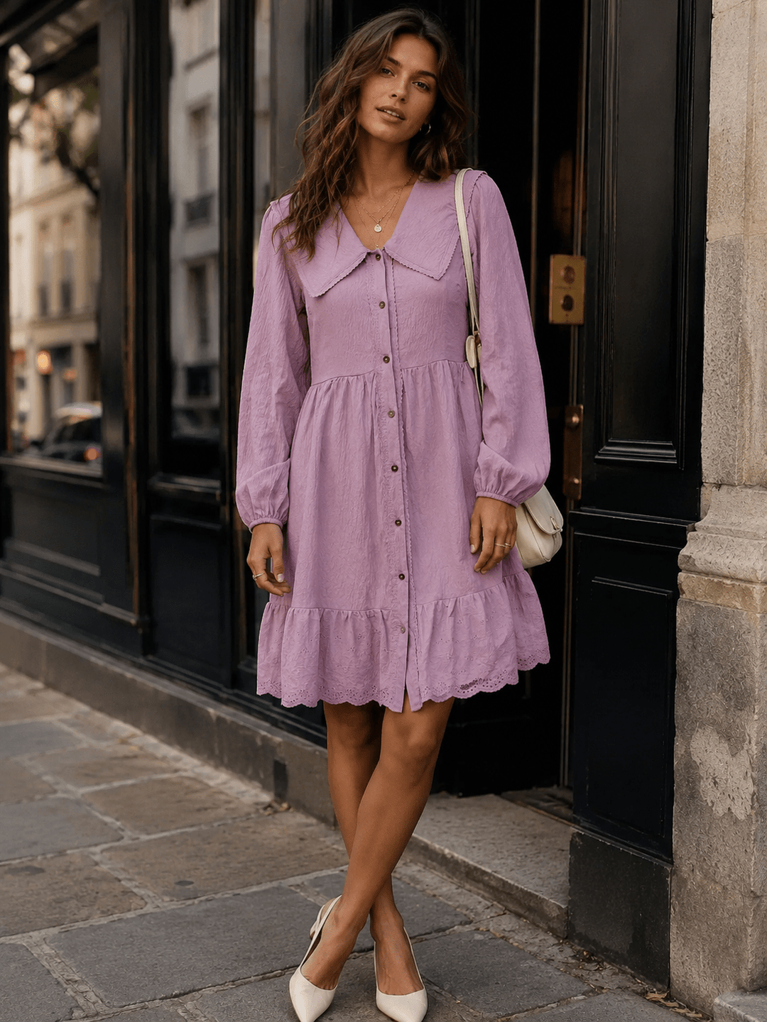 WOMEN'S LONG SLEEVE V-NECK BUTTON UP FRONT POCKETS MIDI DRESS