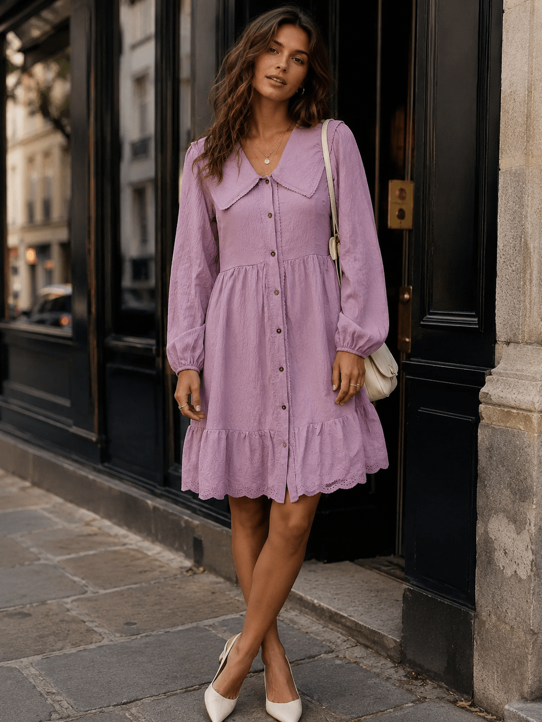 WOMEN'S LONG SLEEVE V-NECK BUTTON UP FRONT POCKETS MIDI DRESS