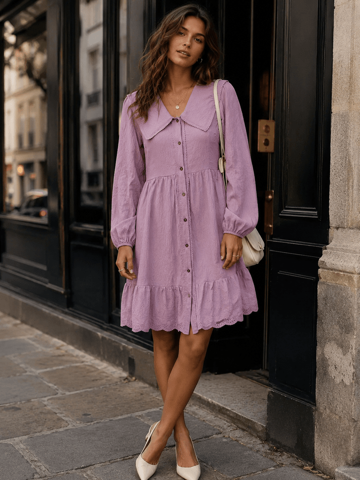 WOMEN'S LONG SLEEVE V-NECK BUTTON UP FRONT POCKETS MIDI DRESS