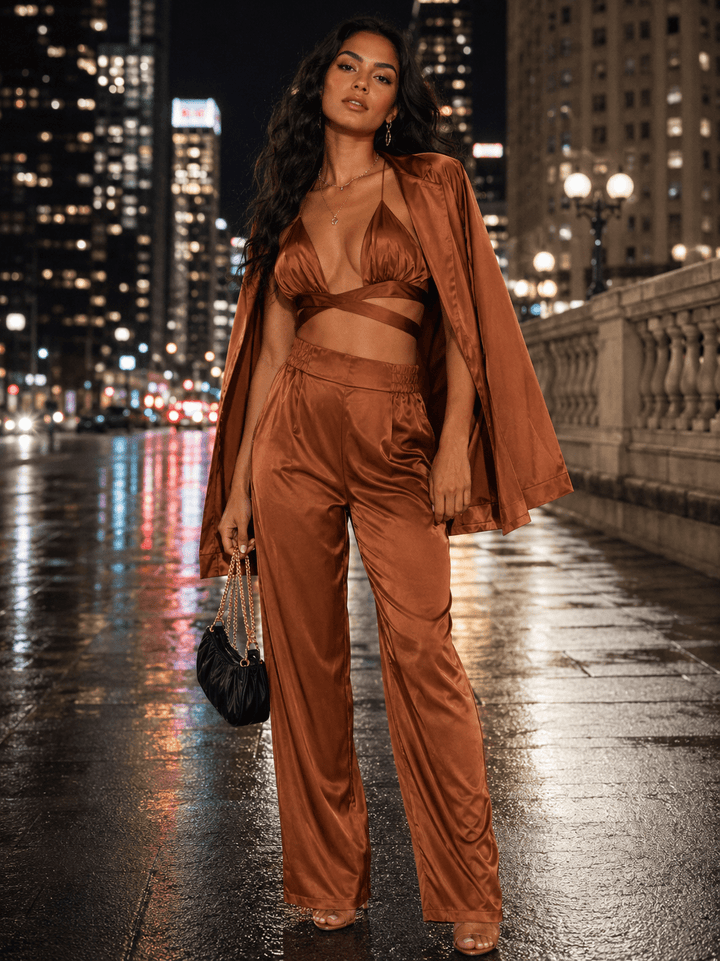 WOMEN'S LONG SLEEVE CARDIGAN WITH BRALETTE & ELASTIC WAIST PANTS SATIN 3PC. SET