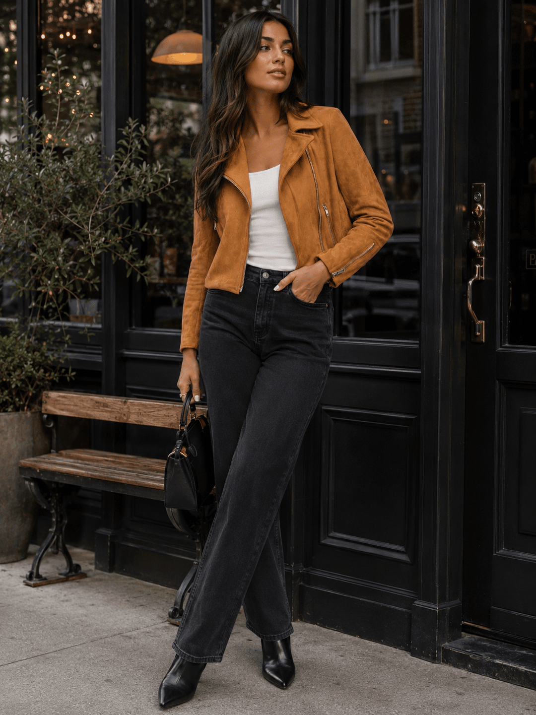 WOMEN'S LONG SLEEVE ZIP UP FRONT POCKETS SUEDE JACKET