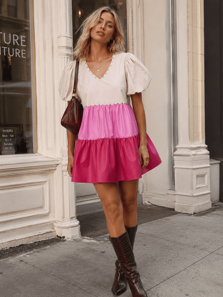 WOMEN'S SHORT SLEEVE V-NECK TIERED COLORBLOCK PU PLEATHER TUNIC MINI DRESS