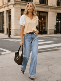 WOMEN'S SHORT EYELET SLEEVE V-NECK CONTRAST TOP