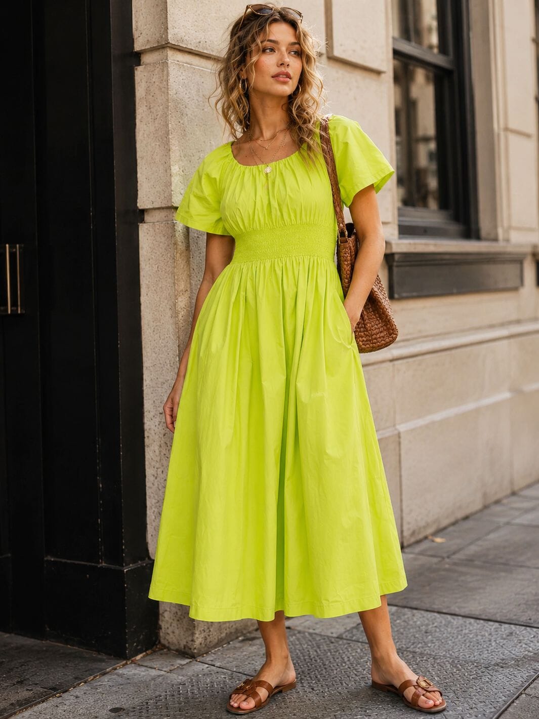 WOMEN'S SHORT SLEEVE SMOCK WAIST BACK TIE FRONT POCKETS MAXI DRESS