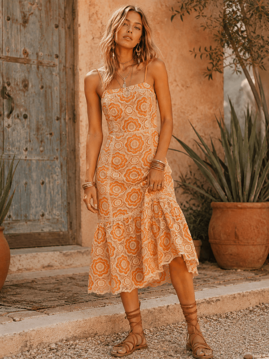 JUST ME WOMEN'S SLEEVELESS CROCHET BODYCON MAXI DRESS