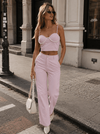 WOMEN'S SLEEVELESS CROP TOP & BUTTON CLOSURE STRAIGHT LEG PANTS PEARL DETAILED 2PC. SET