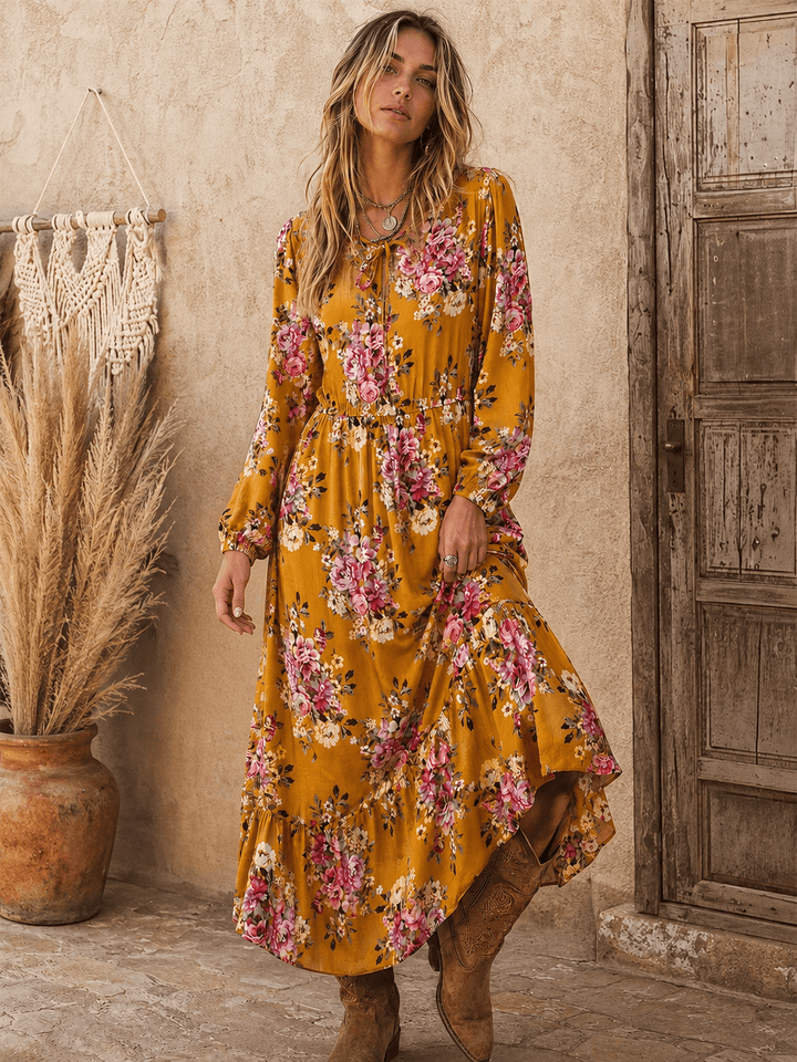 WOMEN'S LONG SLEEVE ELASTIC WAIST FLORAL MAXI DRESS