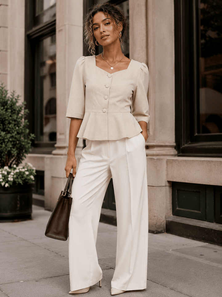 WOMEN'S SHORT SLEEVE BUTTON UP PEPLUM BLOUSE