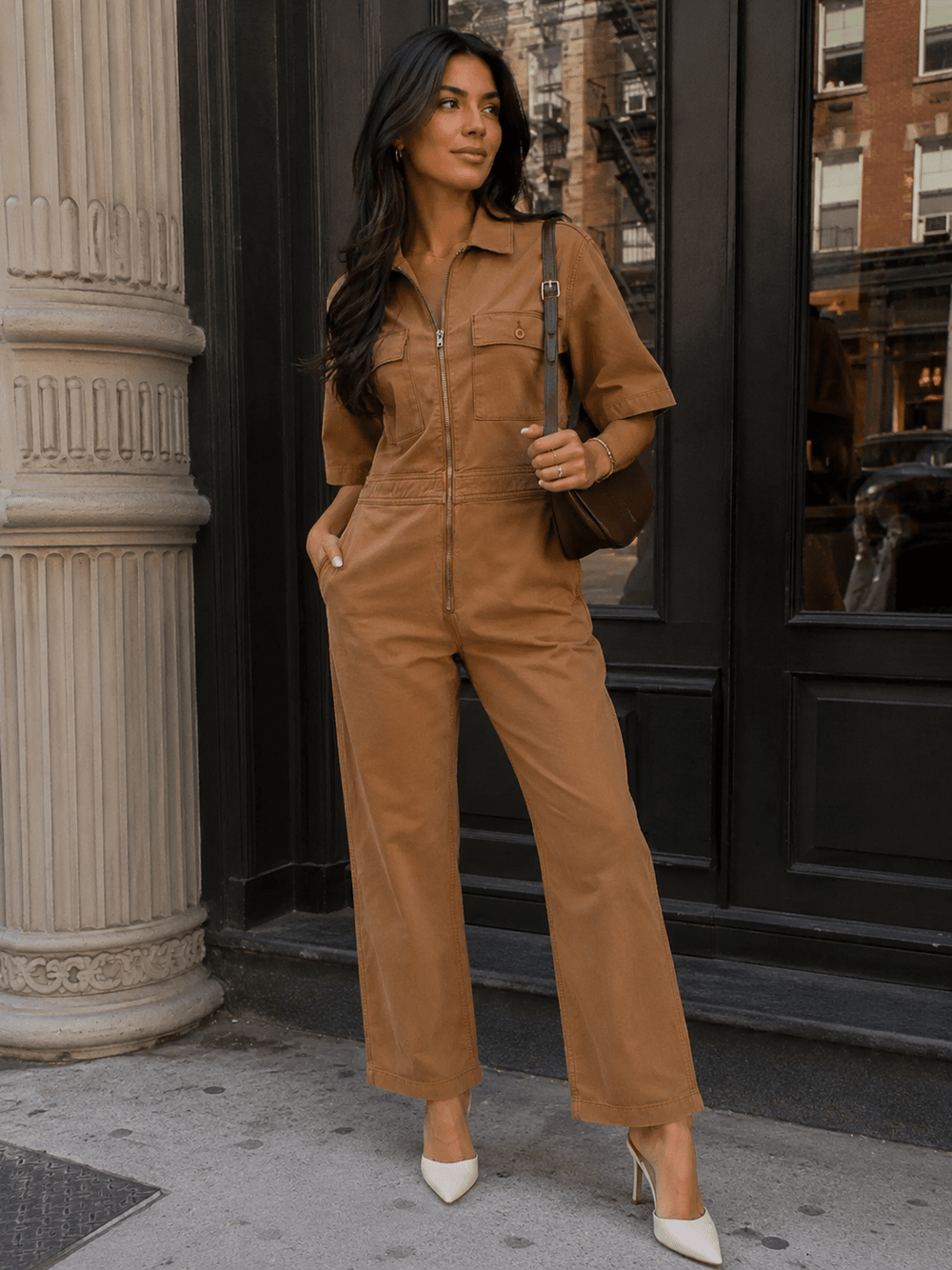 WOMEN'S SHORT SLEEVE ZIP UP POCKETS STRETCH DENIM JUMPSUIT