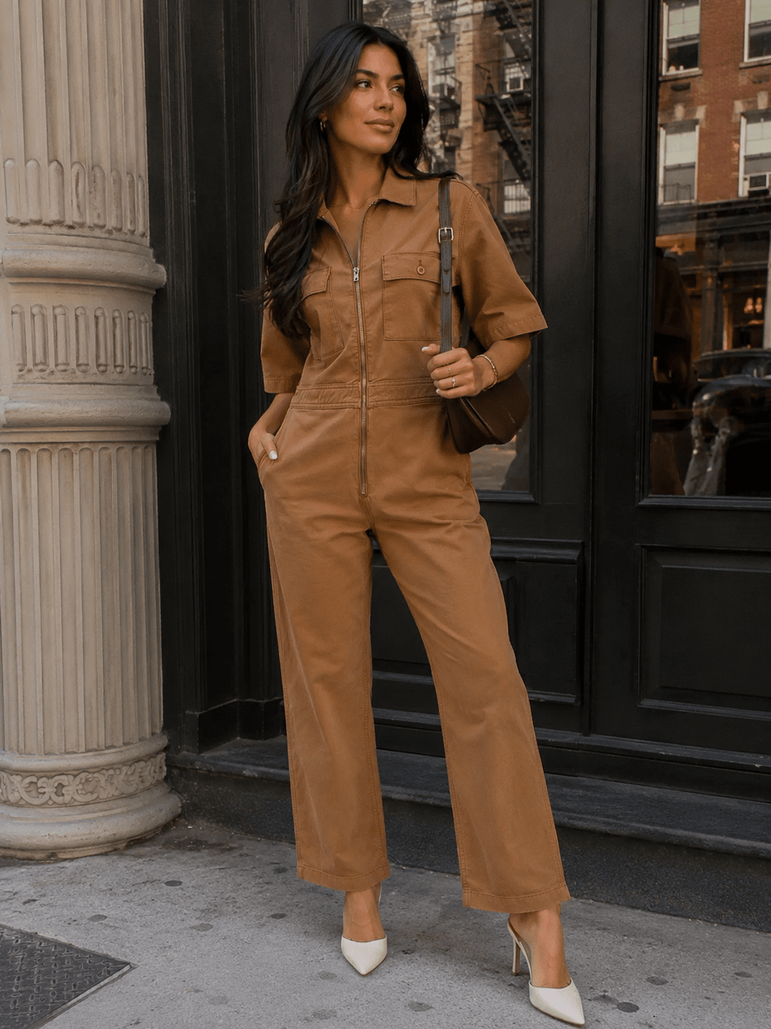 WOMEN'S SHORT SLEEVE ZIP UP POCKETS STRETCH DENIM JUMPSUIT