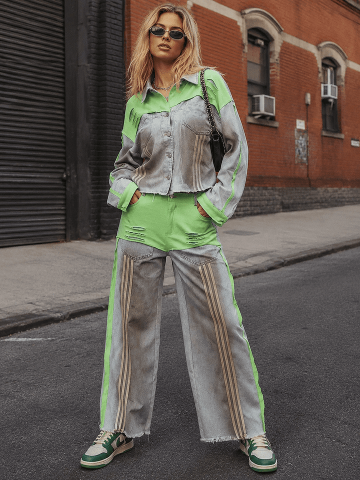 WOMEN'S LONG SLEEVE JACKET & WIDE LEG PANTS COLORBLOCK DENIM 2PC. SET