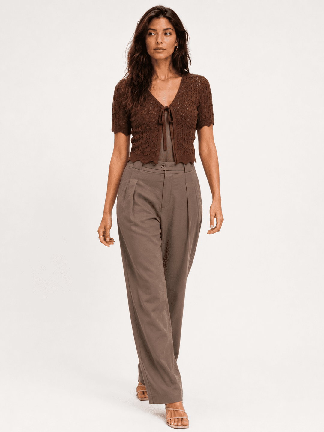 WOMEN'S SHORT SLEEVE FRONT TIE CROCHET RIBBED TOP