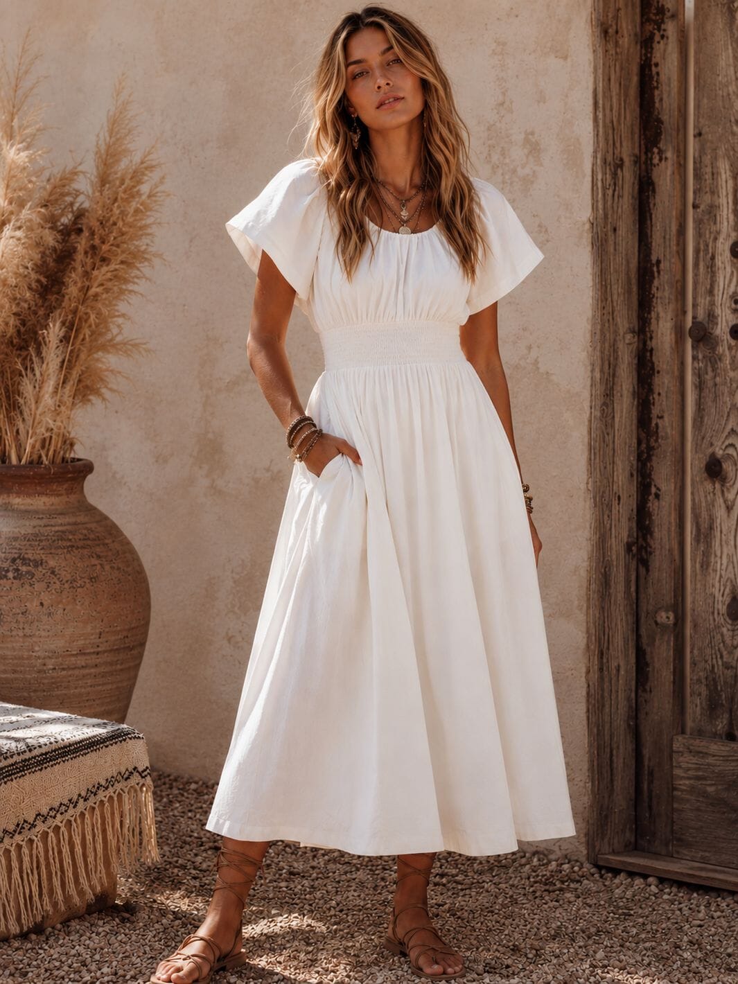 WOMEN'S SHORT SLEEVE SMOCK WAIST BACK TIE FRONT POCKETS MAXI DRESS