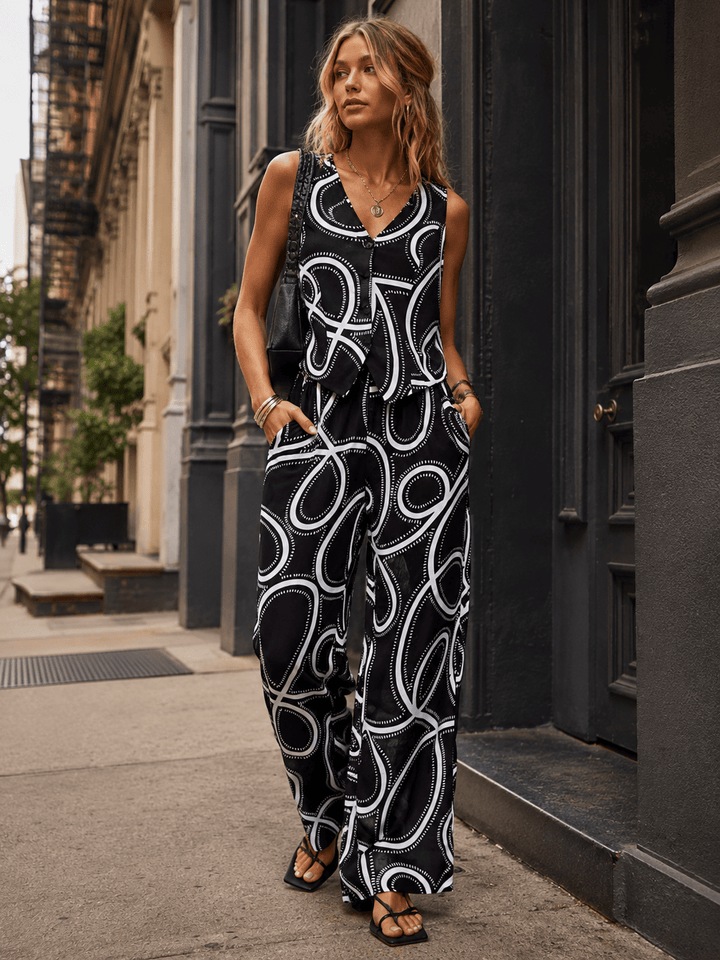 WOMEN'S SLEEVELESS BUTTON UP TOP & ELASTIC WAIST WIDE LEG PANTS MULTI PRINT 2PC. SET