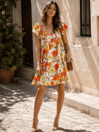 WOMEN'S RUFFLE SLEEVE V-NECK SMOCK TIERED FLORAL MINI DRESS