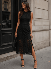 JUST ME WOMEN'S SLEEVELESS V-NECK FRONT POCKETS CROCHET WIDE LEG JUMPSUIT