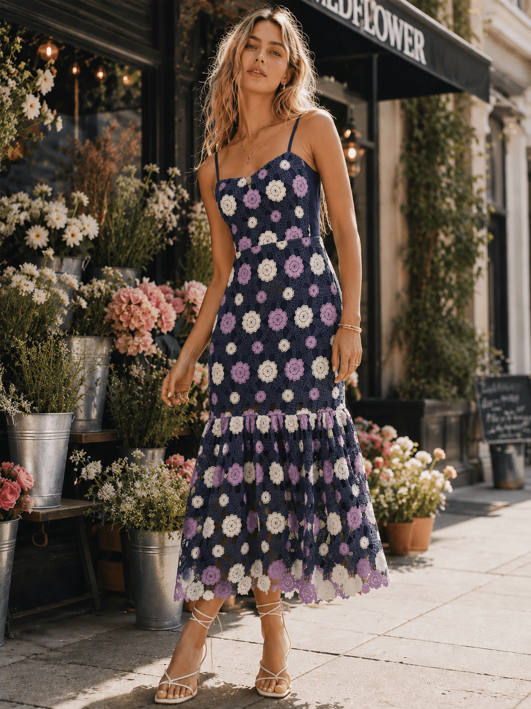 JUST ME WOMEN'S SLEEVELESS V-NECK TIERED FLORAL CROCHET MAXI DRESS
