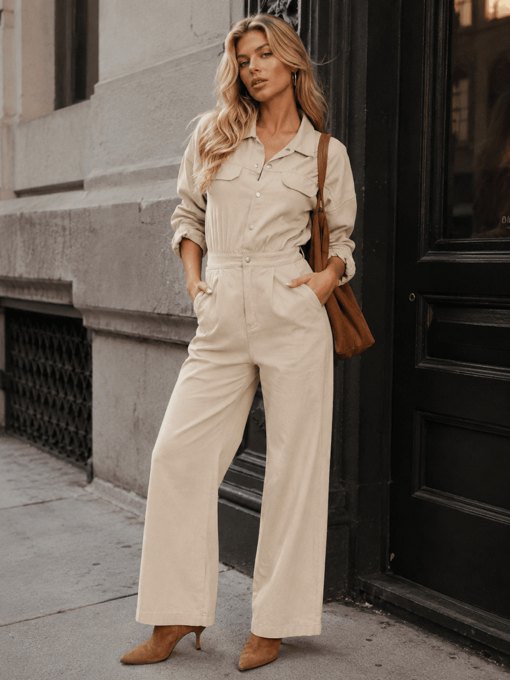 WOMEN'S LONG SLEEVE BUTTON UP POCKETS WIDE LEG DENIM JUMPSUIT