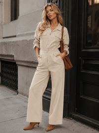 WOMEN'S LONG SLEEVE BUTTON UP POCKETS WIDE LEG DENIM JUMPSUIT