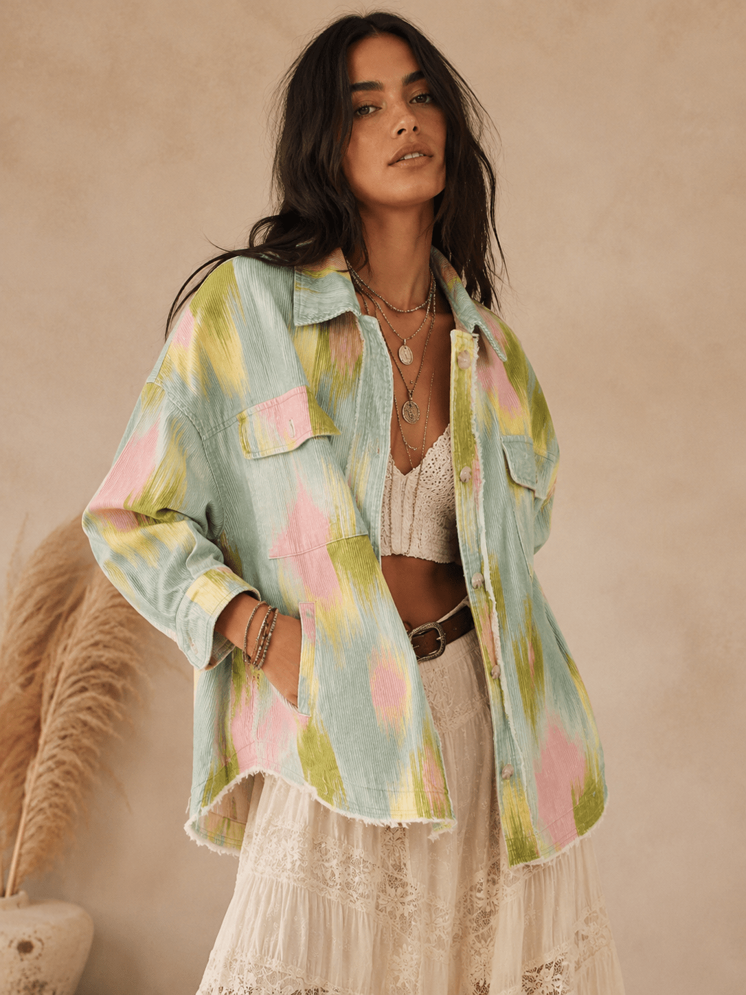 WOMEN'S LONG SLEEVE BUTTON UP FRONT POCKET TIE DYE CORDUROY JACKET