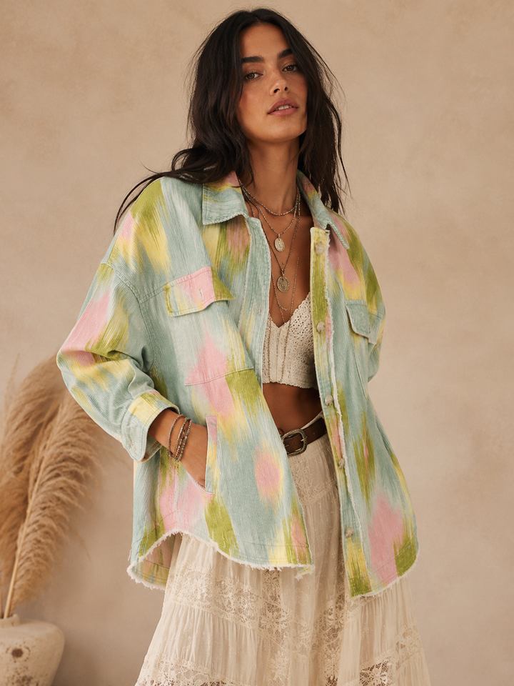 WOMEN'S LONG SLEEVE BUTTON UP FRONT POCKET TIE DYE CORDUROY JACKET