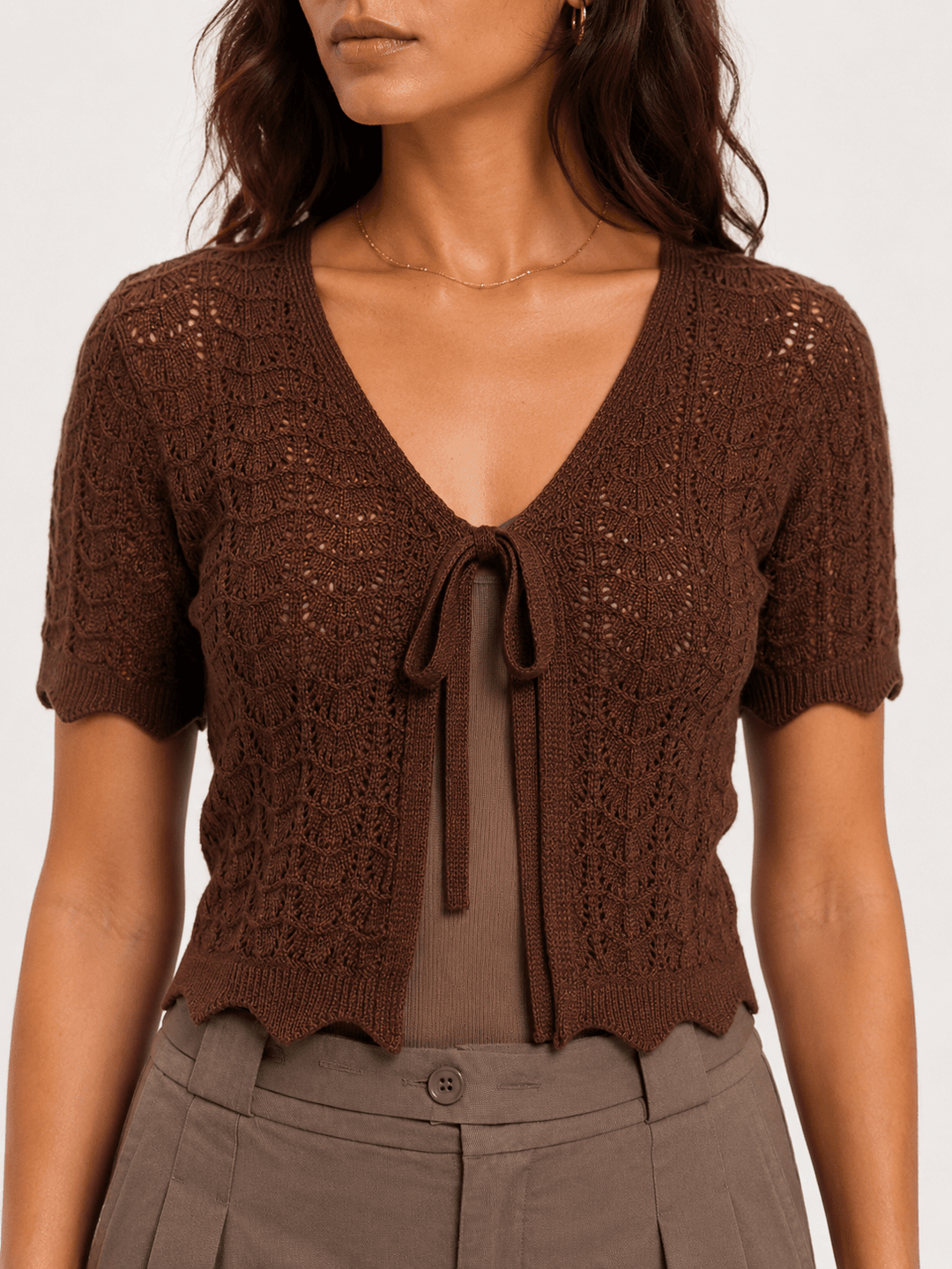 WOMEN'S SHORT SLEEVE FRONT TIE CROCHET RIBBED TOP