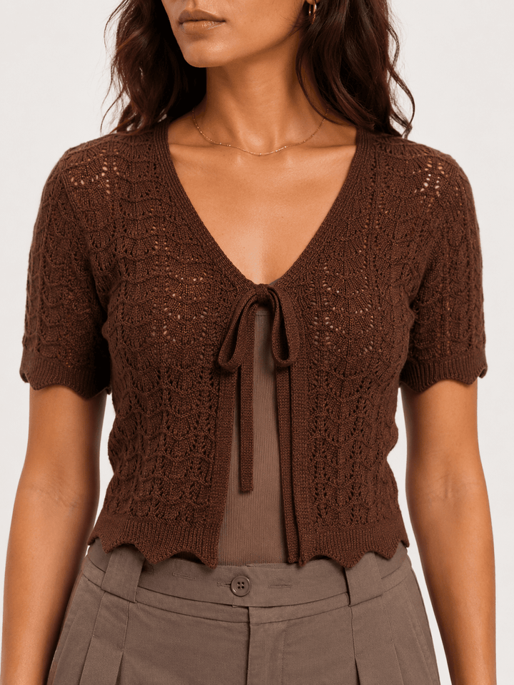 WOMEN'S SHORT SLEEVE FRONT TIE CROCHET RIBBED TOP