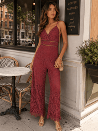 JUST ME WOMEN'S SLEEVELESS V-NECK FRONT POCKETS CROCHET WIDE LEG JUMPSUIT