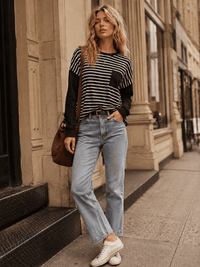 WOMEN'S LONG SLEEVE FRONT POCKET COLORBLOCK STRIPES BLOUSE