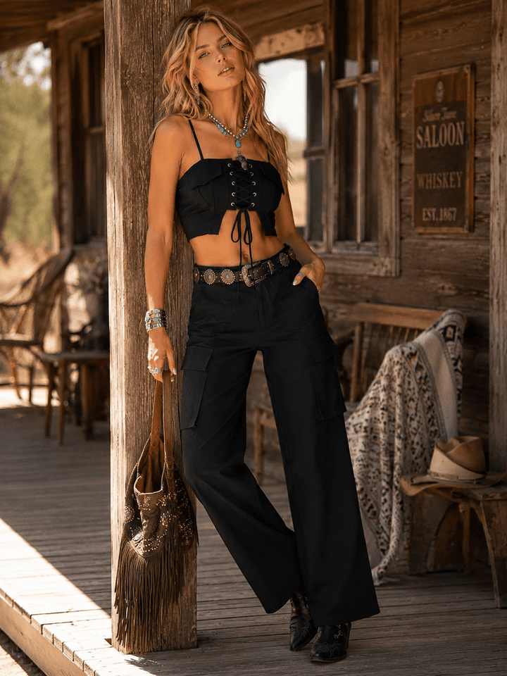 WOMEN'S SLEEVELESS CROP TOP & BUTTON CLOSURE STRAIGHT LEG PANTS STRETCH DENIM 2PC. SET