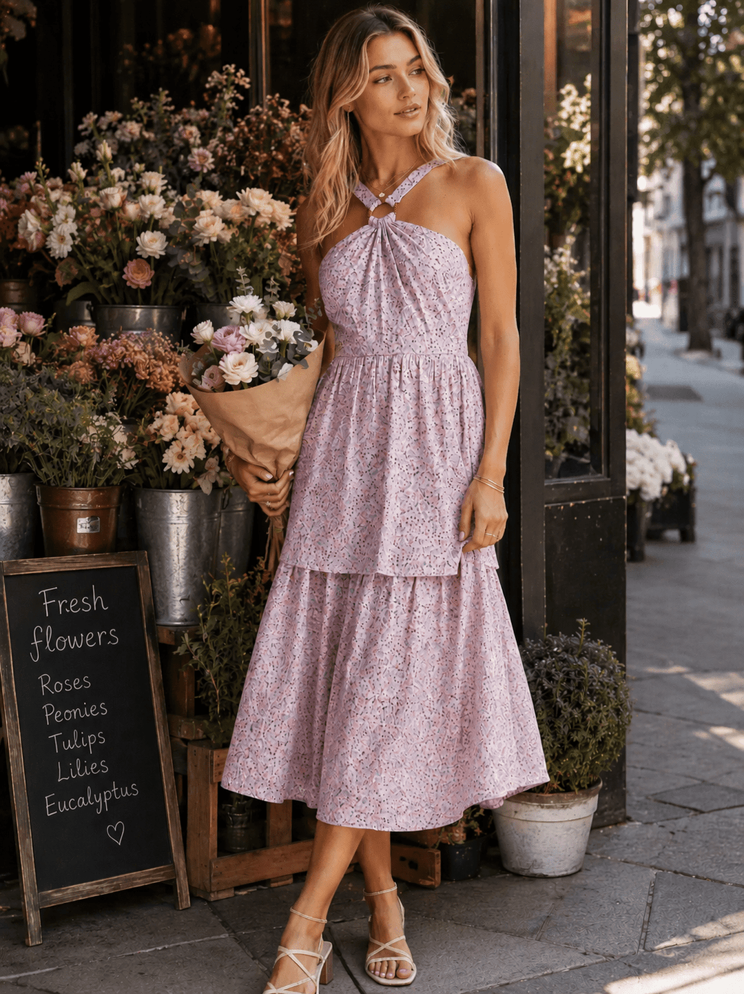 JUST ME WOMEN'S SLEEVELESS HALTER NECK TIERED EYELET FLORAL MAXI DRESS 4M-4L