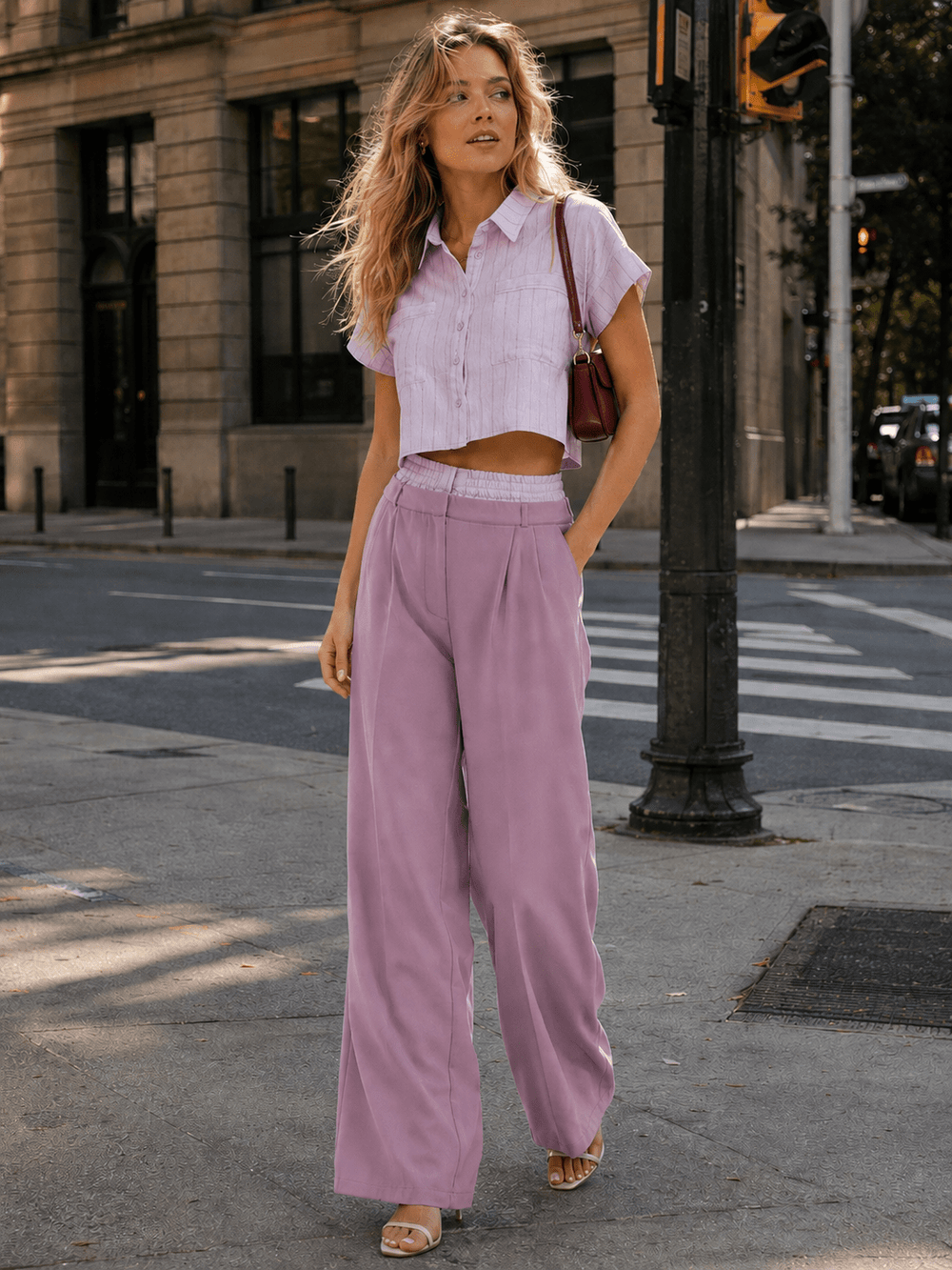 WOMEN'S SHORT SLEEVE TOP & BUTTON CLOSURE PANTS STRIPES COLORBLOCK 2PC. SET