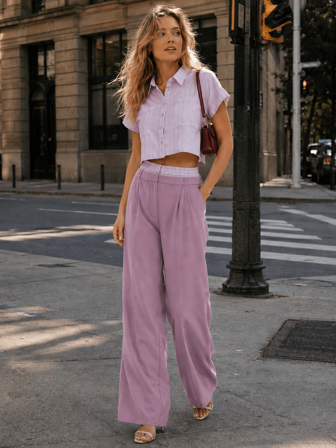 WOMEN'S SHORT SLEEVE TOP & BUTTON CLOSURE PANTS STRIPES COLORBLOCK 2PC. SET