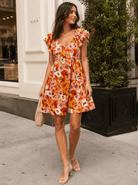 WOMEN'S RUFFLE SLEEVE V-NECK SMOCK TIERED FLORAL MINI DRESS