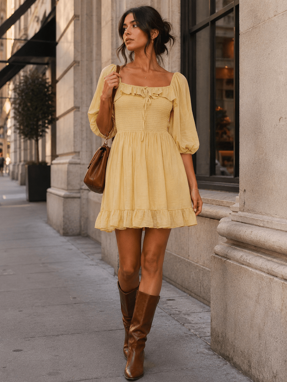 WOMEN'S SHORT SLEEVE SQUARE NECK FRONT POCKETS SMOCK RUFFFLE MINI DRESS