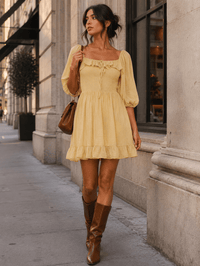 WOMEN'S SHORT SLEEVE SQUARE NECK FRONT POCKETS SMOCK RUFFFLE MINI DRESS