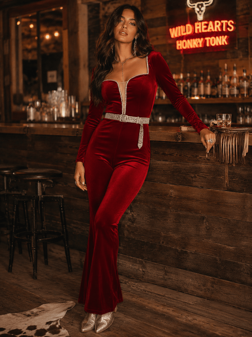 WOMEN'S LONG SLEEVE V-NECK VELVET RHINESTONES BELTED BELL LEG JUMPSUIT