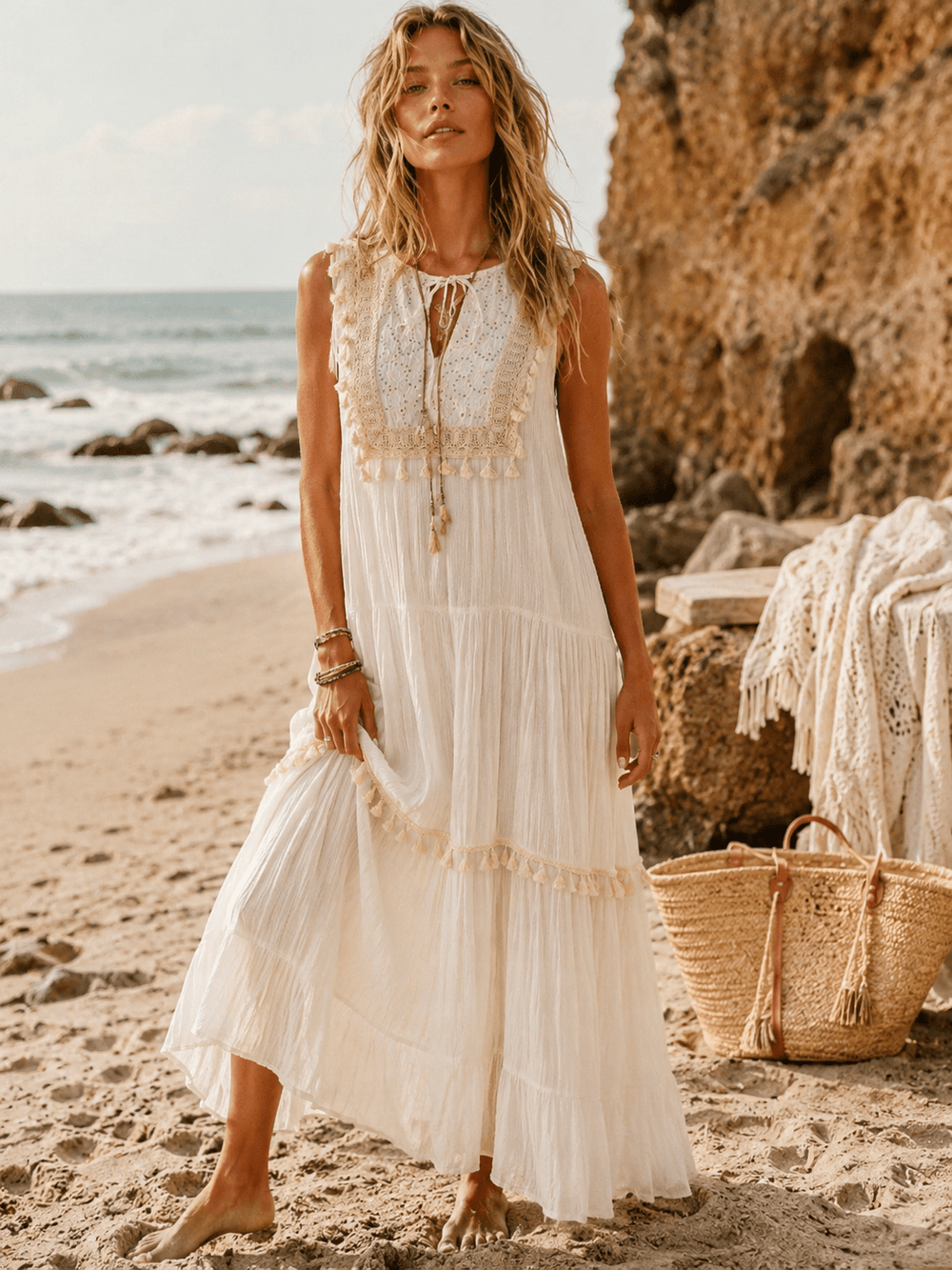 WOMEN'S SLEEVELESS V-NECK TIERED CROCHET SHIMMER MAXI DRESS