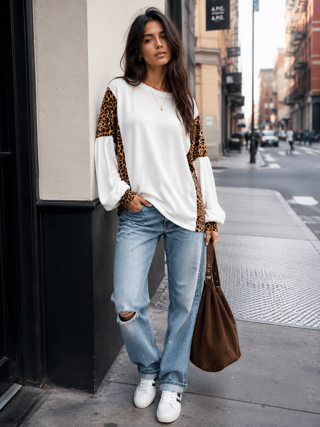 WOMEN'S LONG SLEEVE ANIMAL PRINT LOOSE FIT TOP