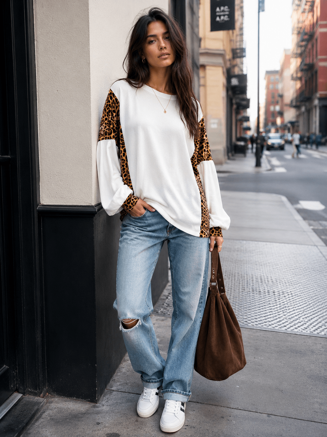 WOMEN'S LONG SLEEVE ANIMAL PRINT LOOSE FIT TOP