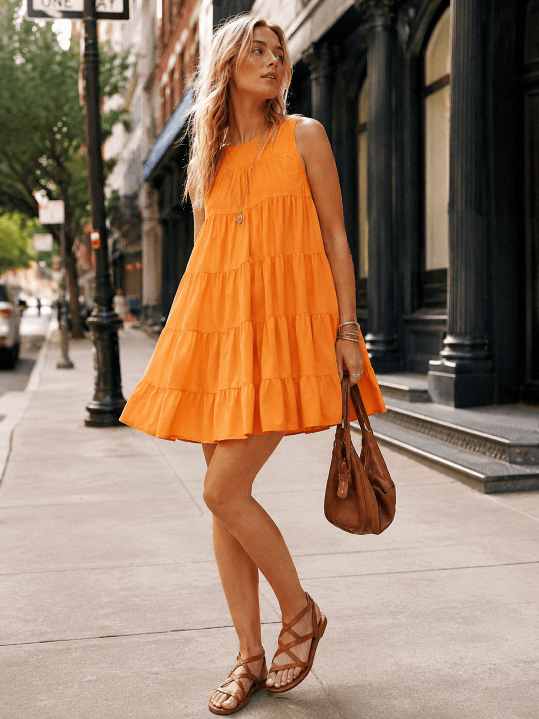 WOMEN'S SLEEVELESS FRONT POCKETS TIERED TUNIC MINI DRESS