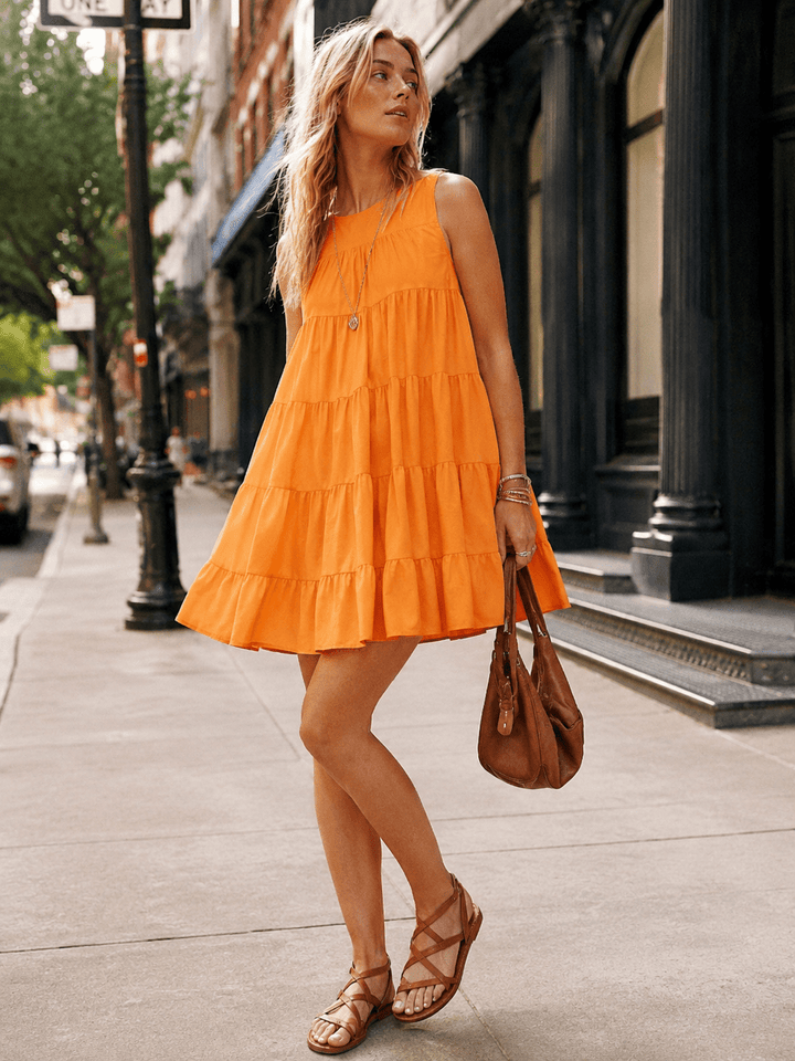 WOMEN'S SLEEVELESS FRONT POCKETS TIERED TUNIC MINI DRESS