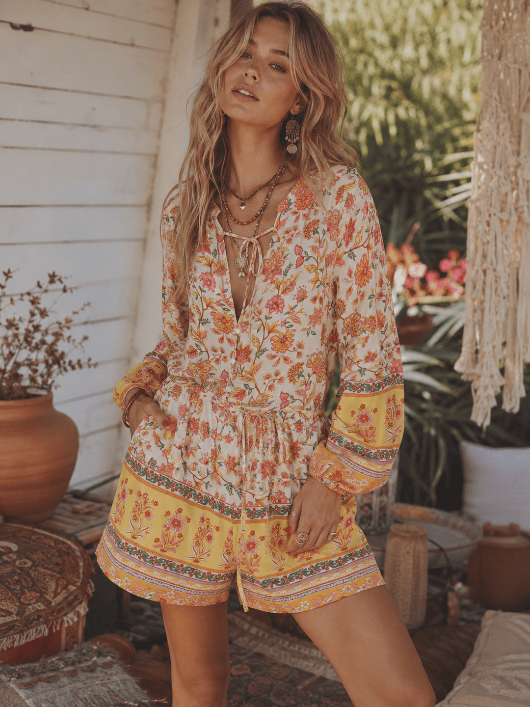 WOMEN'S LONG SLEEVE BUTTON UP FRONT POCKETS FLORAL ROMPER