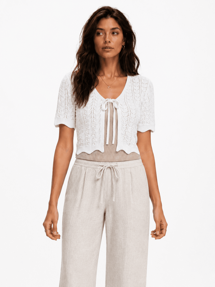 WOMEN'S SHORT SLEEVE FRONT TIE CROCHET RIBBED TOP