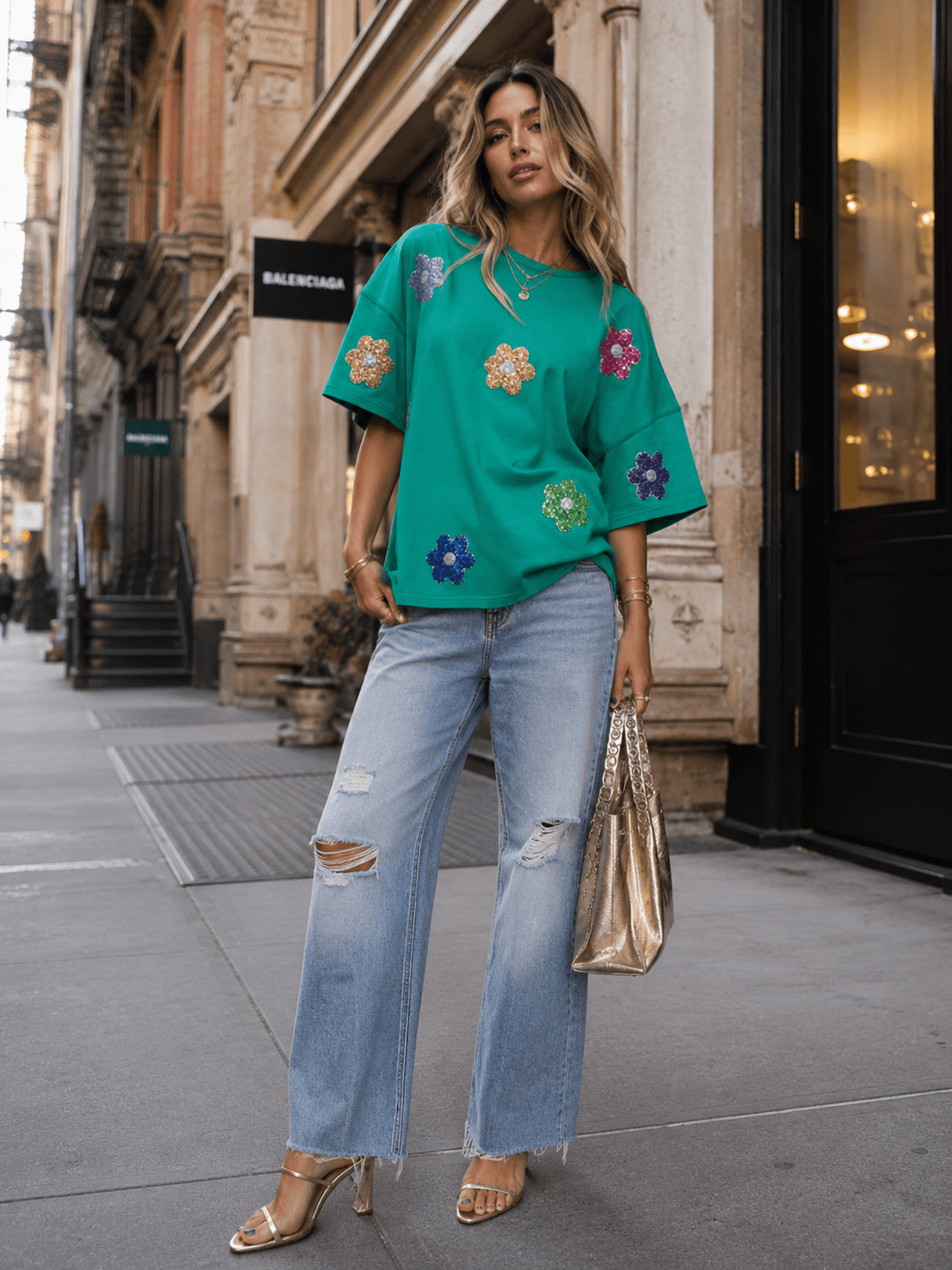WOMEN'S SHORT SLEEVE FLORAL SEQUINS SHIRT
