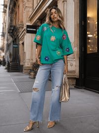 WOMEN'S SHORT SLEEVE FLORAL SEQUINS SHIRT