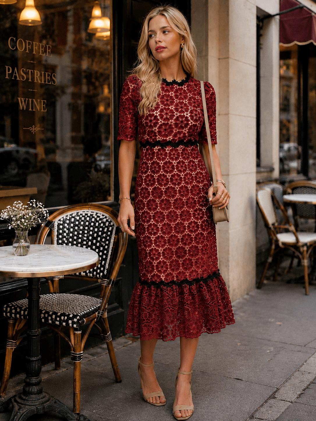 JUST ME WOMEN'S SHORT SLEEVE OPEN BACK CROCHET BODYCON MAXI DRESS