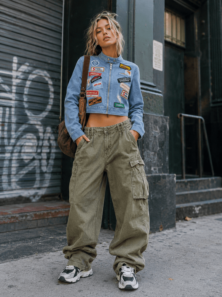 WOMEN'S LONG SLEEVE BUTTON UP PATCHED DENIM CROP JACKET