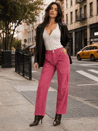 WOMEN'S BUTTON CLOSURE CARGO POCKETS WIDE LEG DENIM PANTS