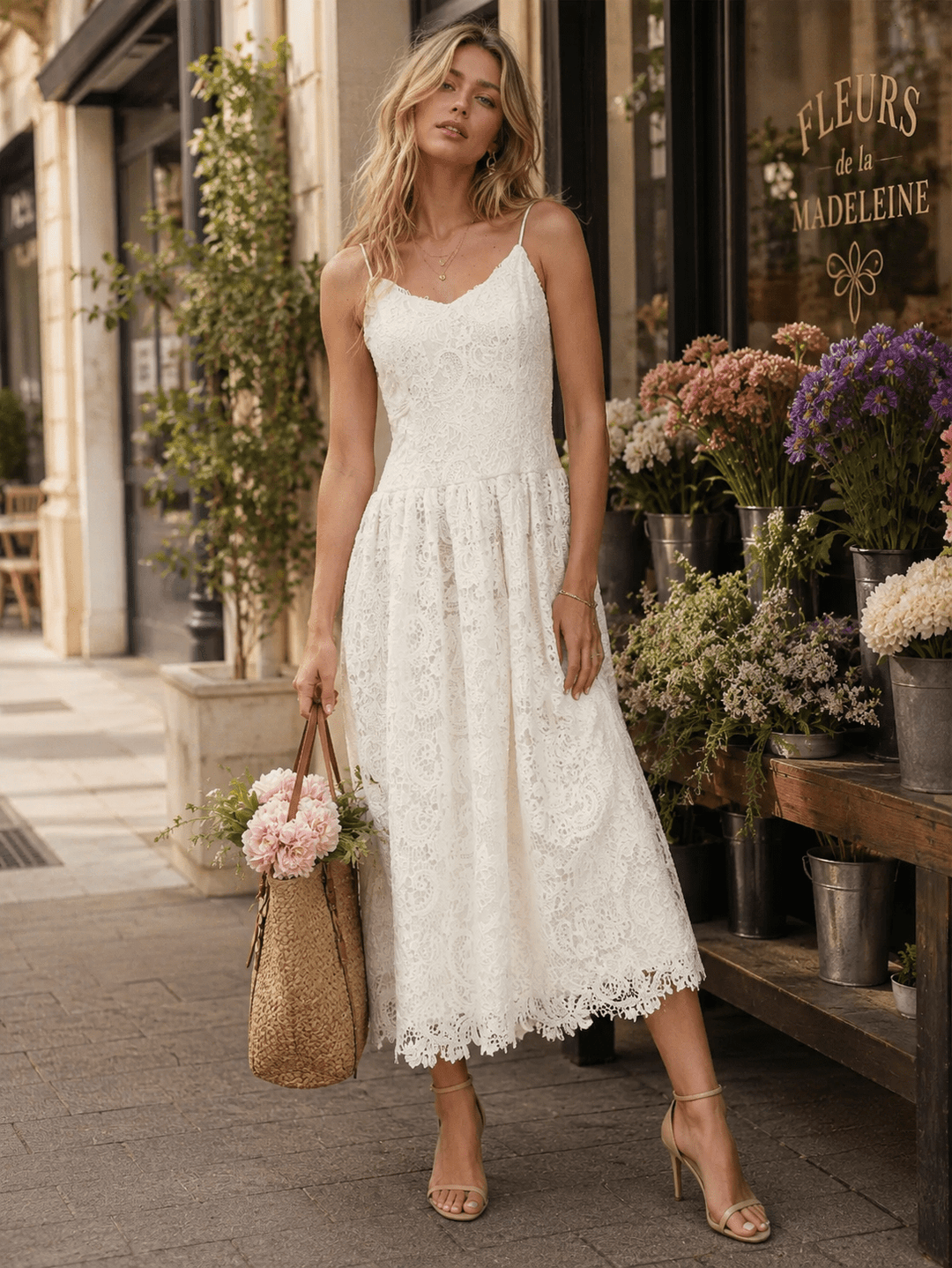 JUST ME WOMEN'S SLEEVELESS V-NECK TRIM DETAILED LACE MAXI DRESS